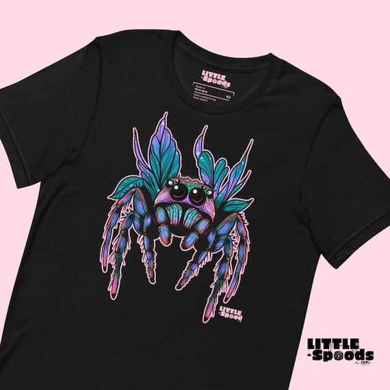 Jumping Spider T-shirt - Adults Pink colorful Jumping spider tee by Little Spoods
