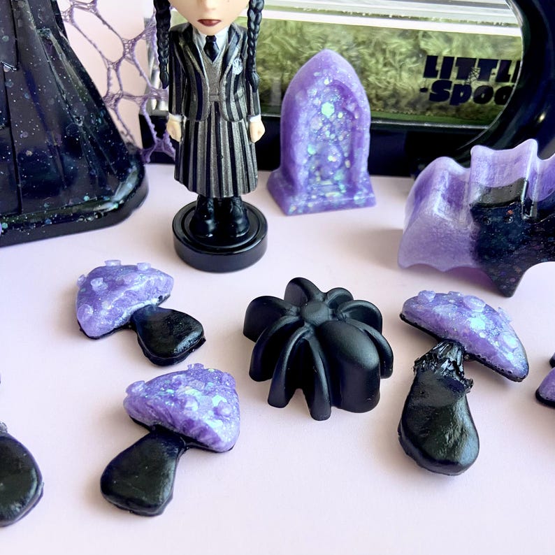 Handmade magnetic mushroom décor for gothic jumping spider enclosure with waterproof resin decorations.