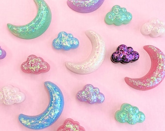 Conjunto de prateleiras com glitter em formato de lua e nuvem | Prateleiras magnéticas em formato de lua para aranha-saltadora | Acessórios para terrário de aranha-saltadora nas cores rosa, azul, verde e roxo