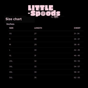 May include: Size chart for clothing in inches. The chart shows sizes XS through 5XL with corresponding length and chest measurements.