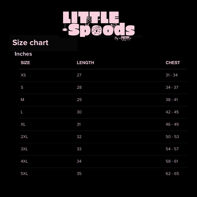 May include: Size chart for clothing in inches. The chart shows sizes XS through 5XL with corresponding length and chest measurements.