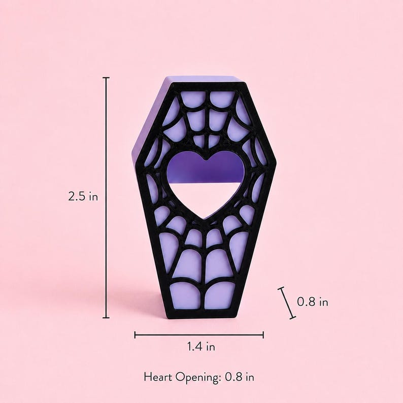 Dimensions of the magnetic jumping spider coffin hide measuring 2.5 inches long, 1.4 inches wide, and 0.8 inches deep.