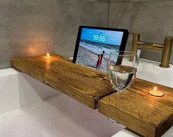 Rustic wooden bath board caddy tray ipad holder candles