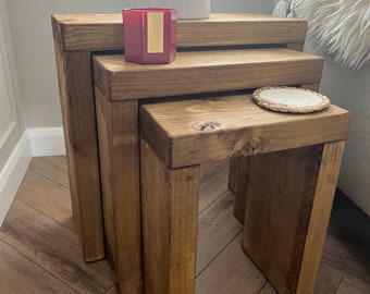 Rustic wooden reclaimed timber nest of tables solid wood room storage side table