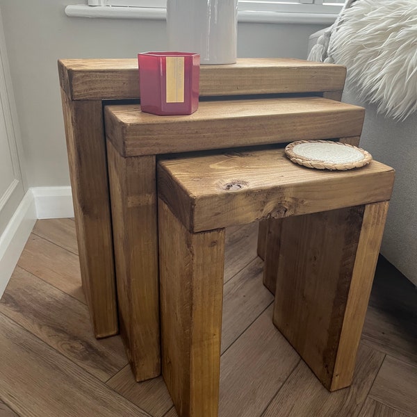 Rustic wooden reclaimed timber nest of tables solid wood room storage side table