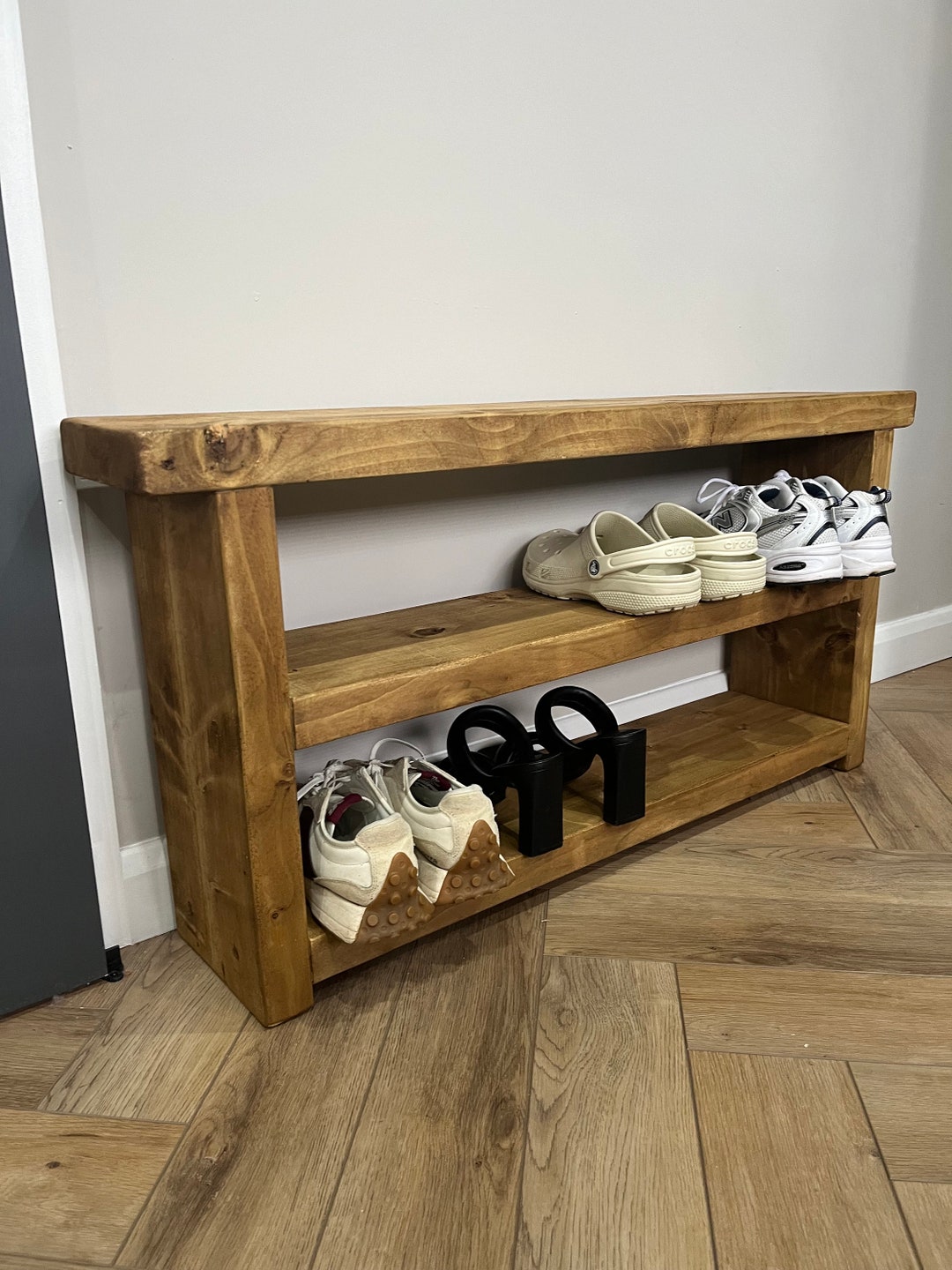 Rustic Wooden Shoe Rack Storage Shelf Hall Bench Reclaimed Timber Solid ...