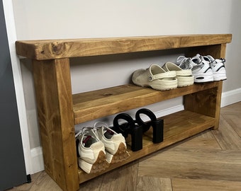 Rustic wooden shoe rack storage shelf hall bench reclaimed timber solid wood
