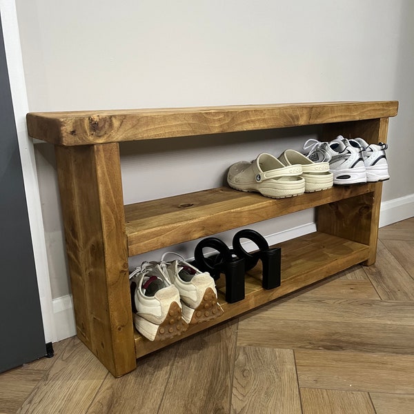 Rustic wooden shoe rack storage shelf hall bench reclaimed timber solid wood