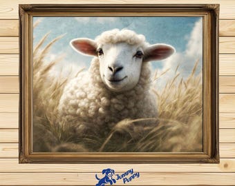 Baby Sheep in Field painting printable wall art, Rustic Cottage art print, Gift for kids, child's room & Nursery, Farm Animal room decor