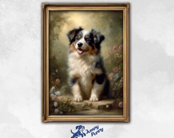 Cute Aussie Puppy Dog Printable wall art, Spring French Country & Cottagecore decor, Australian shepherd Vintage poster, Pet Nursery Decor