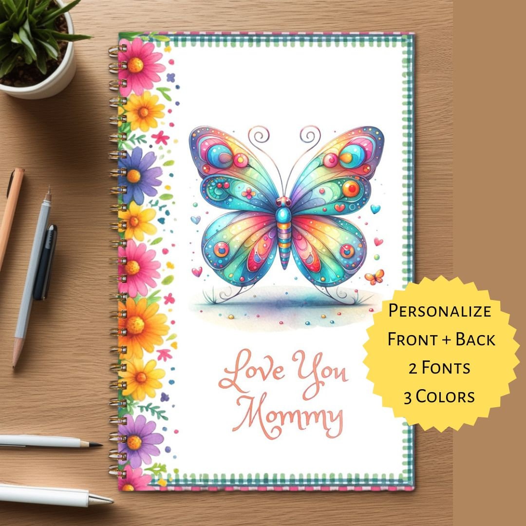 Spring Rainbow Butterfly With Flowers, Personalized Journal Spiral ...
