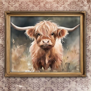 Printable Baby Highland Cow watercolor Art, Baby Brown Cow art prints for child&#39;s room or Nursery, Cowboy Farm wall decor, digital wall art