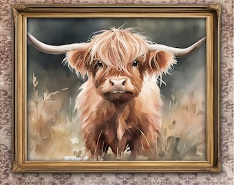 Printable Baby Highland Cow watercolor Art, Baby Brown Cow art prints for child's room or Nursery, Cowboy Farm wall decor, digital wall art