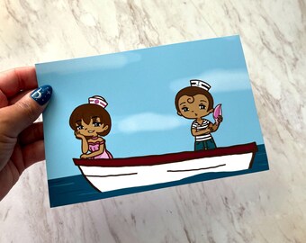 5 x 7 Nautical Seascape Sailor Boy and Girl Art Print Wall Decor