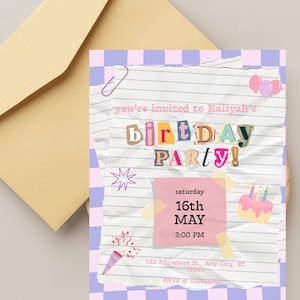 Könnte beinhalten: Eine Geburtstagseinladung mit einem hellrosa und lila karierten Rand. Die Einladung enthält den Text "you're invited to Kaliyah's Birthday Party!" und Veranstaltungsdetails. Ein beigefarbener Umschlag befindet sich im Hintergrund.