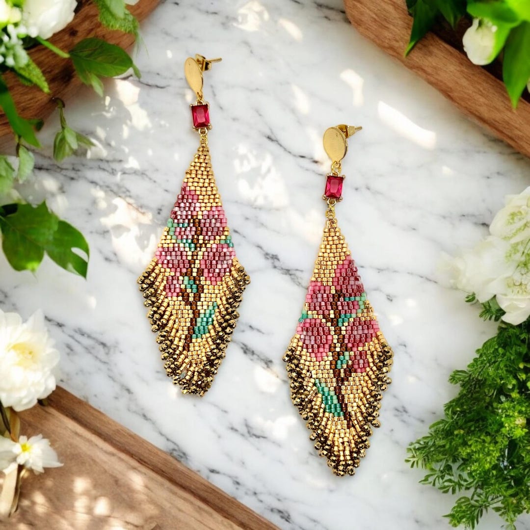 Boho Glam Pink & Gold Floral Fringe Seed Bead Earrings (miyuki Delica ...