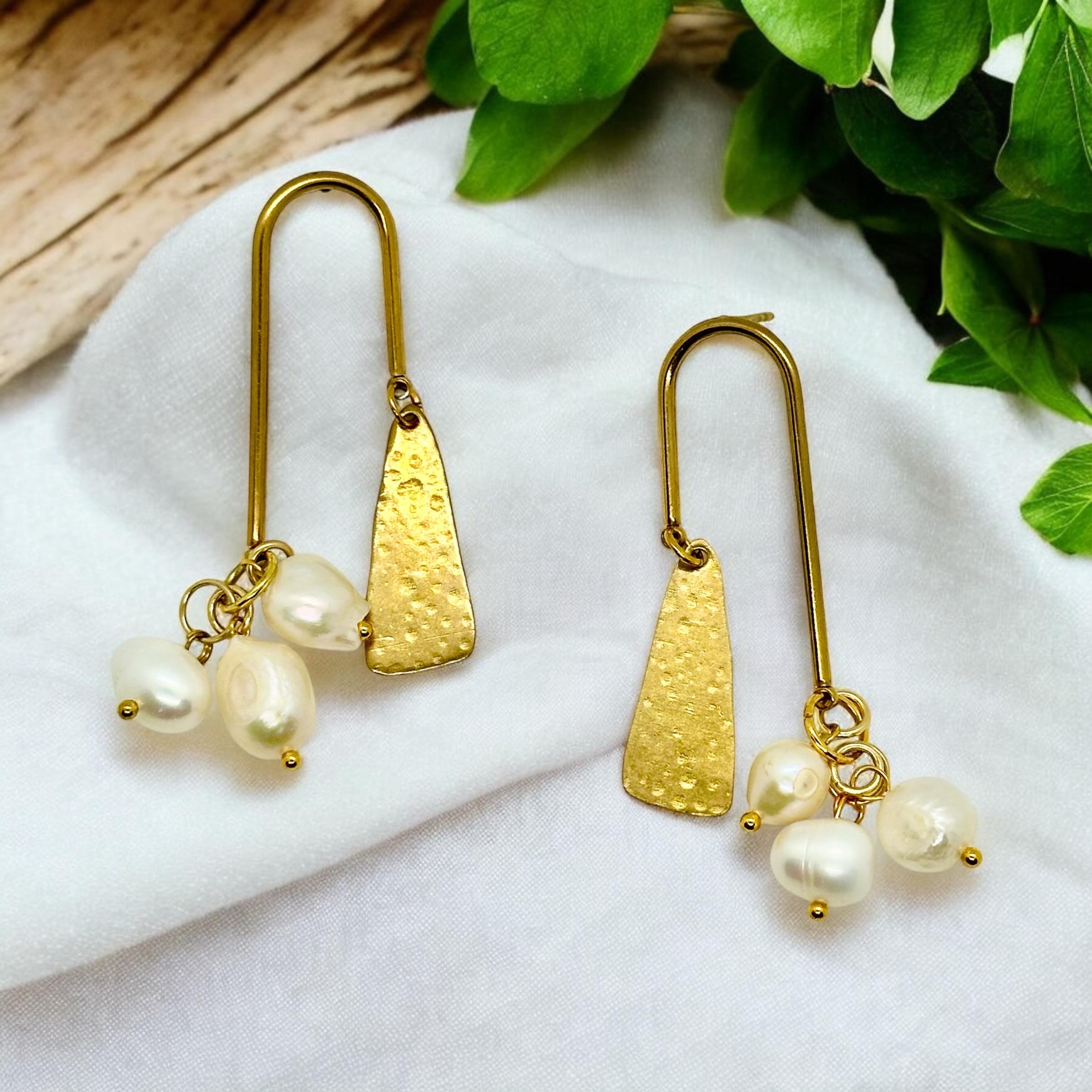 Boho White,Gold and Pearl Dangle Earrings