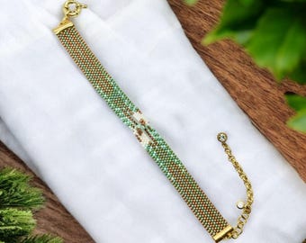 Boho Abstract Blues Top Knot Seed Beaded Bracelet (Miyuki Delica)