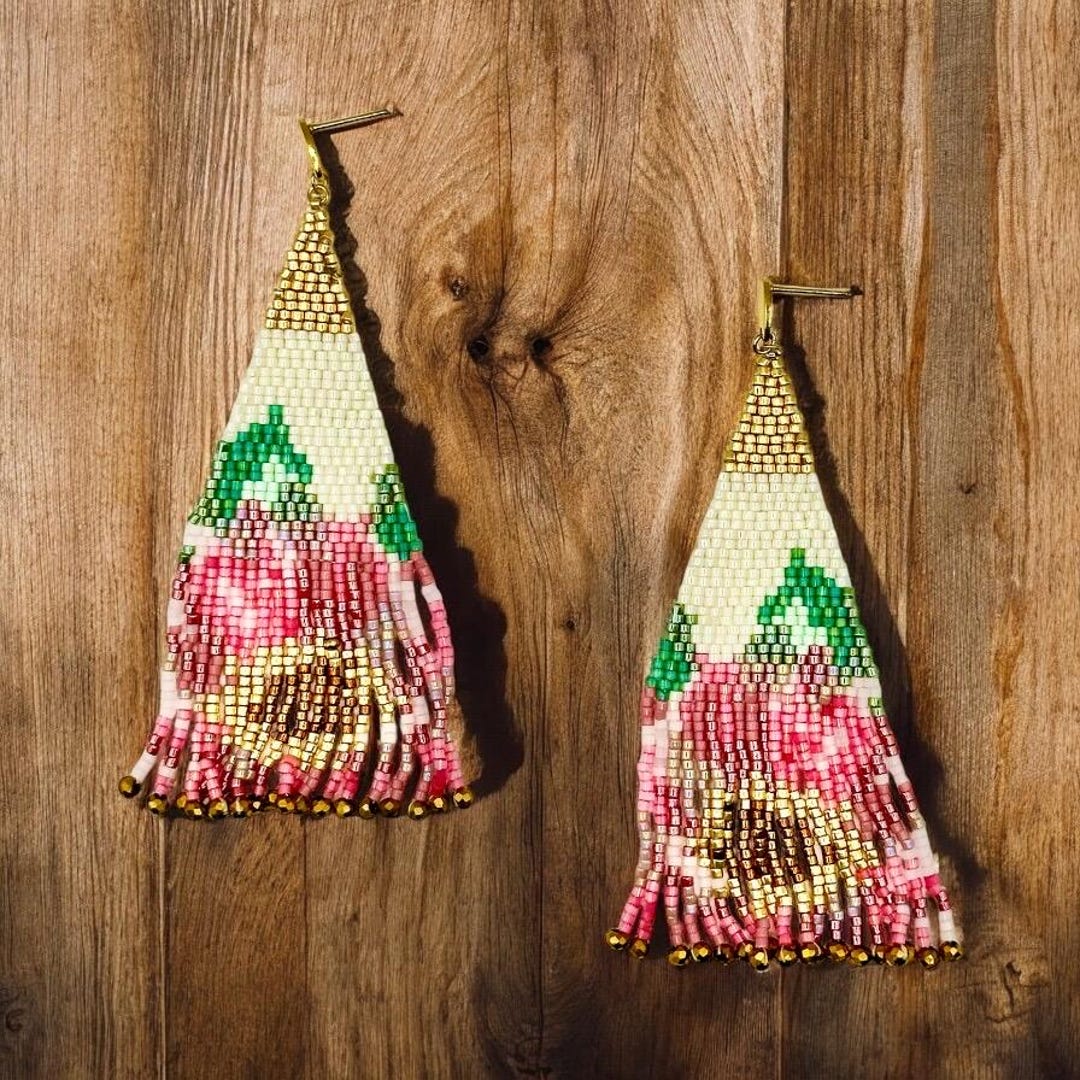 Pink Blooms Boho Pink, White & Gold Floral Fringe Seed Bead Earrings ...