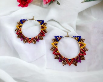 Boho Multi-Color Hoop Seed Bead Earrings