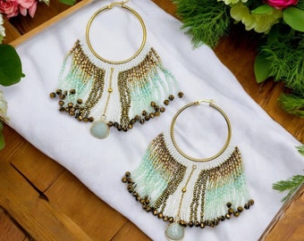 Fantastic Boho Beaded Hoop Jade, White, Gold and Green Fringe Earrings (Seed bead, miyuki delica)