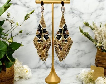 Boho Glam Black & Gold Floral Fringe Seed Bead Earrings (Miyuki Delica)