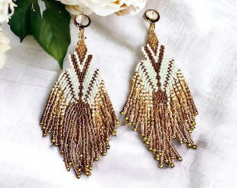 Boho Feathered White & Gold Ombre Fringe Seed Bead Earrings