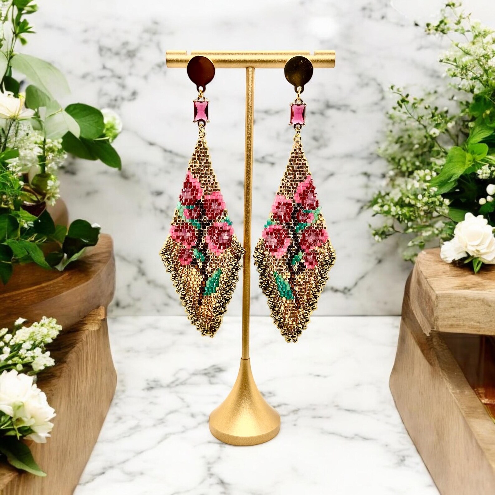 Boho Glam Pink & Gold Floral Fringe Seed Bead Earrings miyuki Delica - Etsy