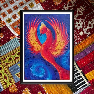 Phoenix Rising Art Print , Fiery Red and Gold Firebird, Symbol of Rebirth and Strength, Mystical Dot Art, Fantasy Wall Decor