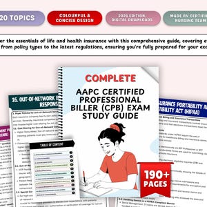 Op de afbeelding: Een studiehandleiding getiteld "COMPLETE AAPC CERTIFIED PROFESSIONAL BILLER (CPB) EXAM STUDY GUIDE" met een tekenende vrouw. De gids heeft meer dan 190 pagina's en behandelt 20 onderwerpen. De gids is voor de editie 2026 en is een digitale download.