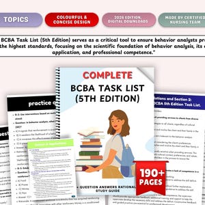 Puede incluir: Una guía de estudio completa de la Lista de Tareas BCBA (5ª edición) con más de 190 páginas. La portada presenta a una mujer con una mochila y una pila de libros. La guía incluye preguntas de práctica.