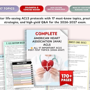Puede incluir: Un libro de texto médico titulado "Complete American Heart Association (AHA) ACLS" con 17 temas para el examen de 2026-2027. La portada presenta un gráfico de corazón rojo y el texto "170+ páginas". Otras páginas muestran información médica.