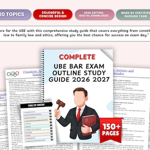 May include: A comprehensive study guide for the UBE Bar Exam, featuring a colorful and concise design. The guide includes 20 topics and is available as a digital download. The cover shows a person in a suit holding a gavel and a book. The guide has over 150 pages.