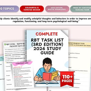 May include: A study guide titled "COMPLETE RBT TASK LIST (3RD EDITION) 2026 STUDY GUIDE" with a cartoon illustration of a person reading. The guide has 110+ pages and includes topics and content lists. The cover text includes "2026 EDITION, DIGITAL DOWNLOADS".