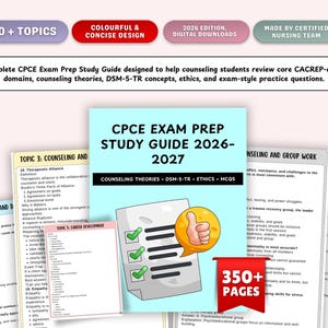 May include: A CPCE Exam Prep Study Guide 2026-2027 with 350+ pages, designed for counseling students. The guide covers counseling theories, DSM-5-TR, ethics, and MCQs. The cover features a thumbs-up graphic and a checklist.