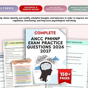 May include: A stack of study guides for the ANCC PMHNP exam, featuring the title "Complete ANCC PMHNP Exam Practice Questions 2026-2027." The cover has a brain graphic with thought bubbles. The guides include 15 topics and over 150 pages.