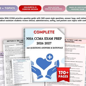 Puede incluir: Una guía de preparación para el examen NHA CCMA 2026-2027 con encuadernación en espiral que incluye 360 preguntas, respuestas y fundamentos. La portada muestra el texto COMPLETE NHA CCMA EXAM PREP 2026 2027 360 QUESTIONS ANSWERS & RATIONALE.
