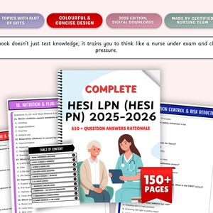 Peut inclure: Un guide d'étude en soins infirmiers intitulé "COMPLETE HESI LPN (HESI PN) 2025-2026" avec plus de 650 réponses aux questions. La couverture présente des illustrations d'une infirmière et d'un patient. Comprend plus de 150 pages.