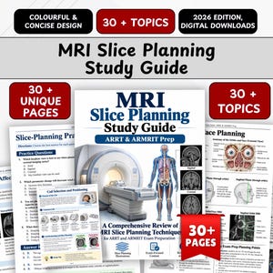 Puede incluir: Una guía de estudio de planificación de cortes de resonancia magnética para preparación ARRT y AMRIT, con más de 30 páginas digitales. La portada muestra una máquina de resonancia, diagramas anatómicos y el texto 2026 Edition, 30+ Topics, 30+ Unique Pages.