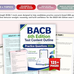 May include: A digital download of a BCBA 6th Edition mock exam study guide. The cover features the text BACB 6th Edition Test Content Outline Practice Questions 2026, an open book, a clipboard, and a red tag stating 125+ Pages. Includes 10+ topics.