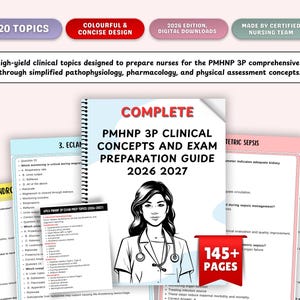 Peut inclure: Plusieurs guides d'étude pour l'examen PMHNP 3P. Le guide principal présente une illustration d'infirmière et le titre "PMHNP 3P Clinical Concepts and Exam Preparation Guide 2026 2027". D'autres guides traitent de sujets comme le syndrome HELLP et la sepsis obstétricale.