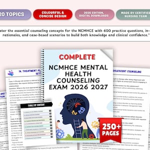 Op de afbeelding: Een spiraalgebonden boek getiteld "COMPLETE NCMHCE MENTAL HEALTH COUNSELING EXAM 2026 2027" met een silhouet van een hoofd en tandwielen. Het boek is omgeven door pagina's met tekst en een rode banner met "250+ PAGES".