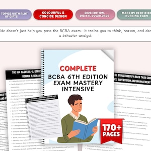 May include: A book titled "COMPLETE BCBA 6TH EDITION EXAM MASTERY INTENSIVE" with a person reading it. The book has over 170 pages and is designed with a colorful and concise design. The guide is made by a certified nursing team.