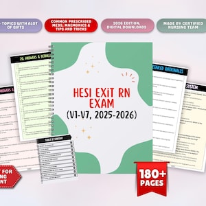 以下が含まれることがあります： 「HESI EXIT RN Exam (V1-V7, 2025-2026)」と題された、スパイラル綴じの学習ガイド。表紙は緑色で、タイトルは赤色。追加ページには「Answers & Details」と「Detailed Rationales」が表示されています。ガイドには180ページ以上の内容が含まれています。