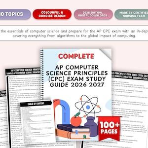 May include: A study guide titled "COMPLETE AP COMPUTER SCIENCE PRINCIPLES (CPC) EXAM STUDY GUIDE 2026 2027" with a spiral binding. The cover features text, an atom illustration, and a stack of books. The guide includes over 100 pages.