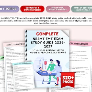 May include: A 2026-2027 NREMT EMT exam study guide with 320+ pages, featuring 20+ topics, colorful design, and digital downloads. The cover displays medical personnel attending to a patient on a stretcher, with practice questions and rationales.