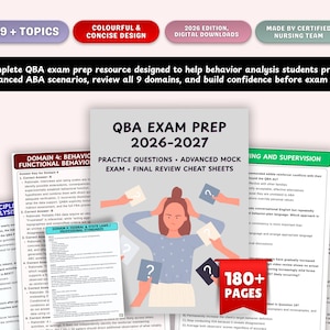 May include: A QBA exam prep resource for 2026-2027 featuring practice questions, mock exams, and cheat sheets. The cover displays a person with hands on their head surrounded by question mark cards, with a red 180+ pages badge included.