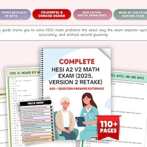 May include: A study guide for the HESI A2 V2 Math Exam (2025, Version 2 Retake). The cover features the title in red and white, with an illustration of a nurse and patient. Includes 110+ pages and 400+ question answers rationale.