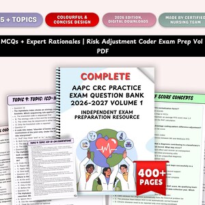 May include: A digital PDF study guide titled Complete AAPC CRC Practice Exam Question Bank 2026-2027 Volume 1, featuring 1140 MCQs with rationales, 35 plus topics, and 400 plus pages, illustrated with medical professionals holding a globe.