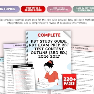 Puede incluir: Una guía de estudio RBT completa y un libro de preparación para exámenes con un diseño colorido. La portada presenta a una mujer dibujando, con el título "RBT Study Guide, RBT Exam Prep RBT Test Content Outline (3rd Ed.) 2026 2027". La guía incluye más de 220 páginas.